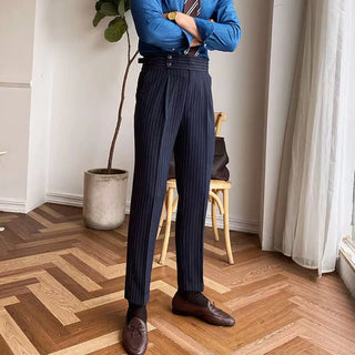 Navy Blue Striped Signature Gurkha Pants By Italyn