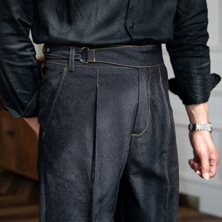 Black Denim Classic Buckle Gurkha Pants by Italyn