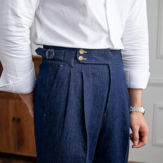 Navy Blue Denim Signature Buttoned Gurkha Pants by